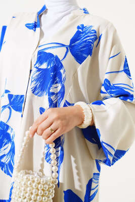 Desenli Yarasa Kol Viskon Elbise Ekru Saks - Thumbnail