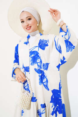 Desenli Yarasa Kol Viskon Elbise Ekru Saks - Thumbnail