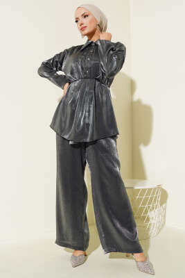 Pazarium - Yarım Düğmeli Parlak İkili Takım Antrasit