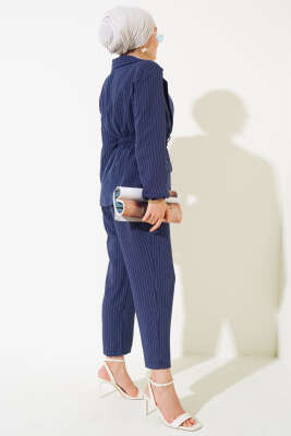 Bel Lastikli Çizgili Ceket Takım Lacivert - Thumbnail