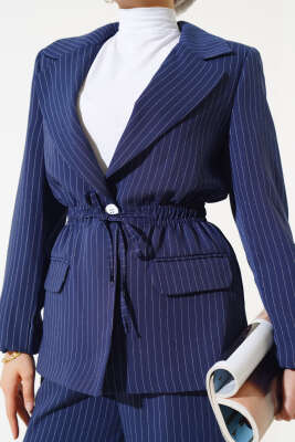 Bel Lastikli Çizgili Ceket Takım Lacivert - Thumbnail