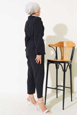 Bel Lastikli Çizgili Ceket Takım Siyah - Thumbnail