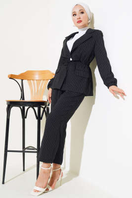 Bel Lastikli Çizgili Ceket Takım Siyah - Thumbnail