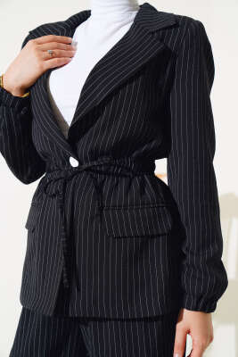 Bel Lastikli Çizgili Ceket Takım Siyah - Thumbnail