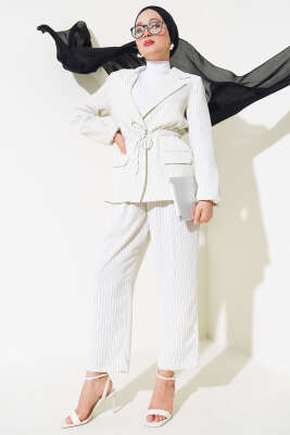 Bel Lastikli Çizgili Ceket Takım Ekru - Thumbnail