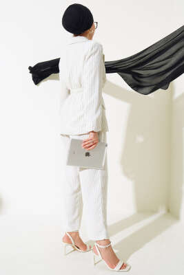 Bel Lastikli Çizgili Ceket Takım Ekru - Thumbnail