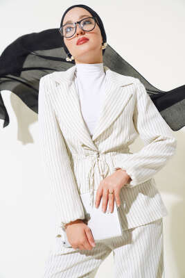 Bel Lastikli Çizgili Ceket Takım Ekru - Thumbnail