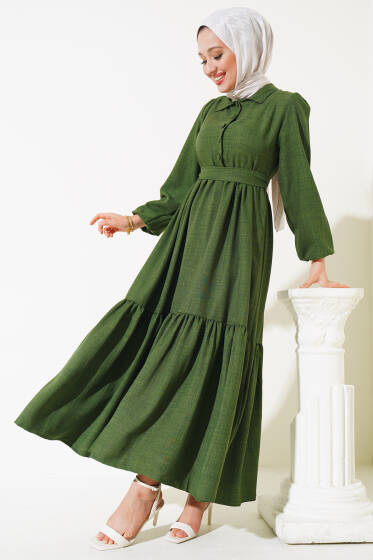 Patlı Keten Elbise Haki