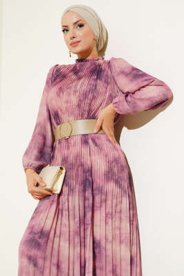 Batik Desen Pileli Şifon Elbise Menekşe - Thumbnail