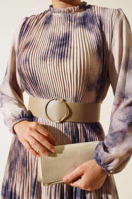 Batik Desen Pileli Şifon Elbise Lacivert - Thumbnail