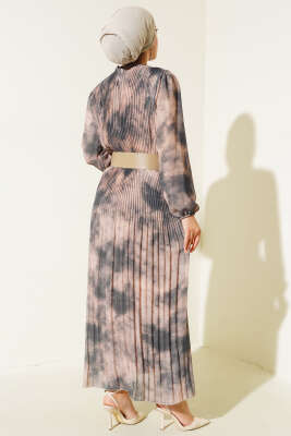 Batik Desen Pileli Şifon Elbise Petrol - Thumbnail