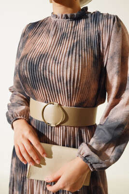 Batik Desen Pileli Şifon Elbise Petrol - Thumbnail