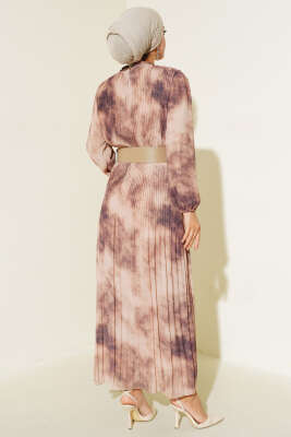 Batik Desen Pileli Şifon Elbise Vizon - Thumbnail