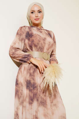 Batik Desen Pileli Şifon Elbise Vizon - Thumbnail