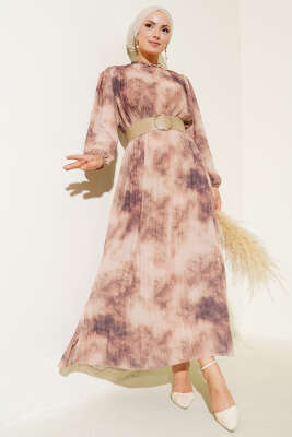 Batik Desen Pileli Şifon Elbise Vizon - Thumbnail