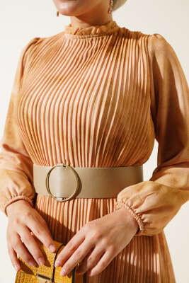 Batik Desen Pileli Şifon Elbise Yağ Yeşili - Thumbnail