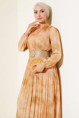 Batik Desen Pileli Şifon Elbise Yağ Yeşili - Thumbnail