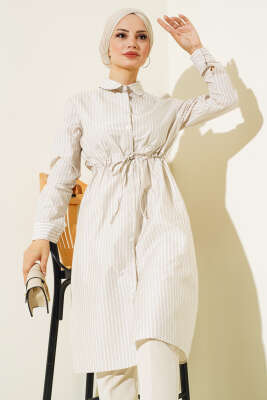Pazarium - Bel Tünelli Çizgili Uzun Gömlek Taş