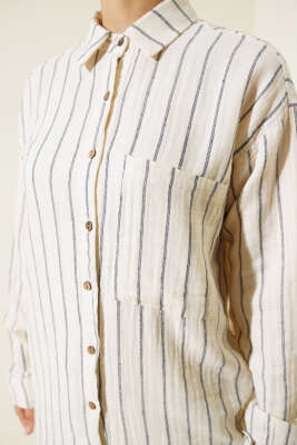 Cepli Çizgili Müslin Gömlek Siyah - Thumbnail