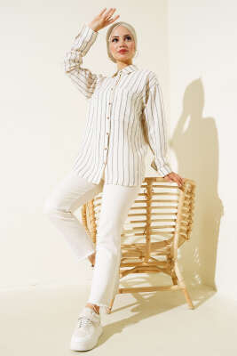 Cepli Çizgili Müslin Gömlek Siyah - Thumbnail