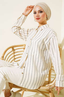 Cepli Çizgili Müslin Gömlek Siyah - Thumbnail