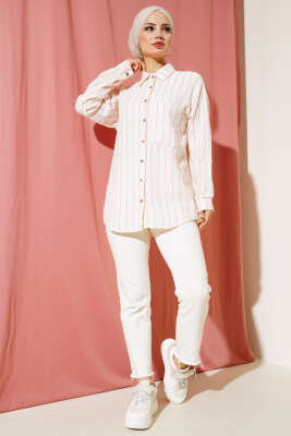 Cepli Çizgili Müslin Gömlek Fuşya - Thumbnail