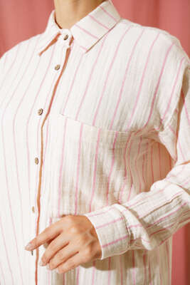 Cepli Çizgili Müslin Gömlek Fuşya - Thumbnail