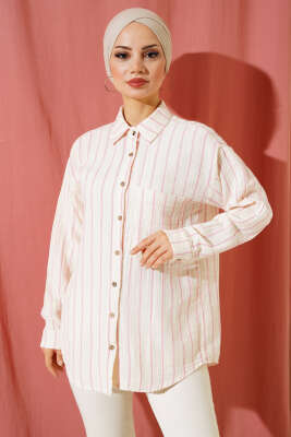 Cepli Çizgili Müslin Gömlek Fuşya - Thumbnail