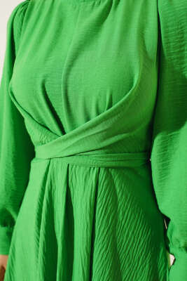 Kendinden Kuşak Bağlamalı Elbise Yeşil - Thumbnail
