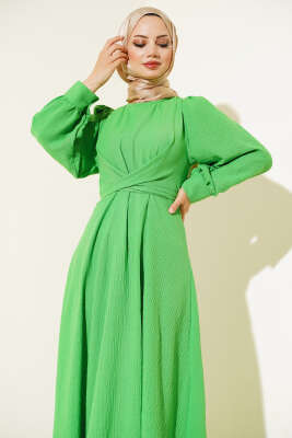 Kendinden Kuşak Bağlamalı Elbise Yeşil - Thumbnail