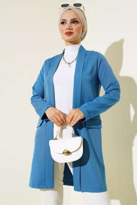 Pazarium - Kol Katlamalı Uzun Ceket İndigo