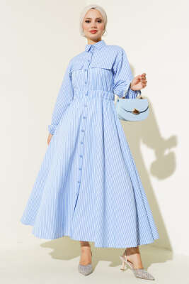 Boydan Düğmeli Bel Lastikli Elbise Mavi - Thumbnail