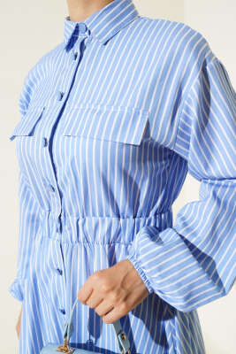 Boydan Düğmeli Bel Lastikli Elbise Mavi - Thumbnail