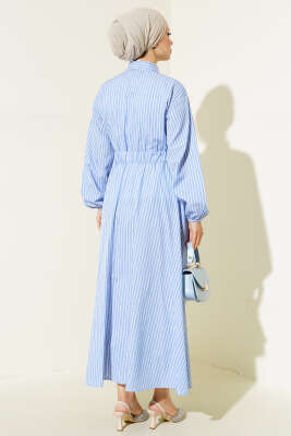 Boydan Düğmeli Bel Lastikli Elbise Mavi - Thumbnail