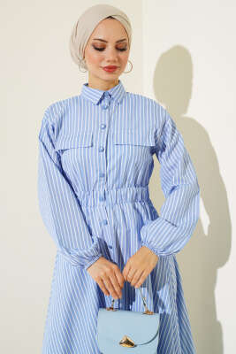 Boydan Düğmeli Bel Lastikli Elbise Mavi - Thumbnail