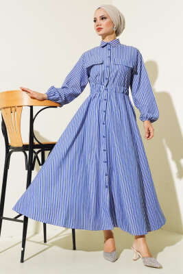 Boydan Düğmeli Bel Lastikli Elbise Lacivert - Thumbnail