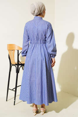 Boydan Düğmeli Bel Lastikli Elbise Lacivert - Thumbnail