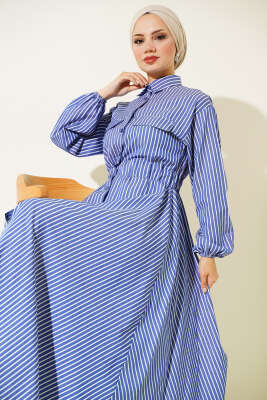 Boydan Düğmeli Bel Lastikli Elbise Lacivert - Thumbnail