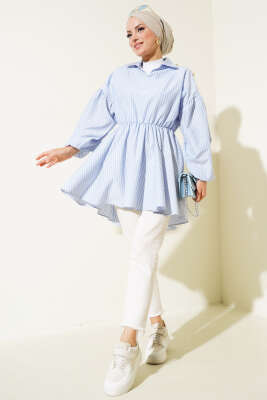 Pazarium - Bel Lastikli V Yaka Tunik Buz Mavisi