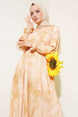 Pazarium - Batik Desen Bel Lastikli Elbise Yağ Yeşili