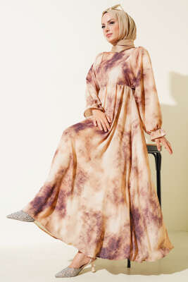 Pazarium - Batik Desen Bel Lastikli Elbise Vizon