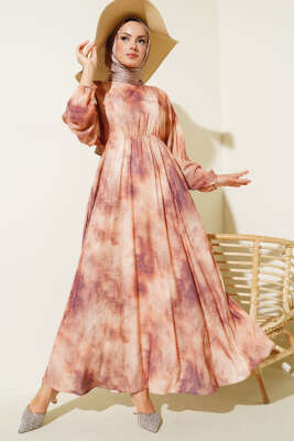 Pazarium - Batik Desen Bel Lastikli Elbise Kahve