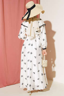 Desenli Bebe Yaka Elbise Ekru - Thumbnail