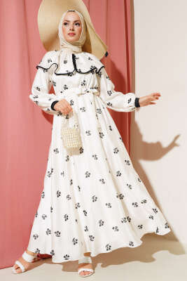 Desenli Bebe Yaka Elbise Ekru - Thumbnail