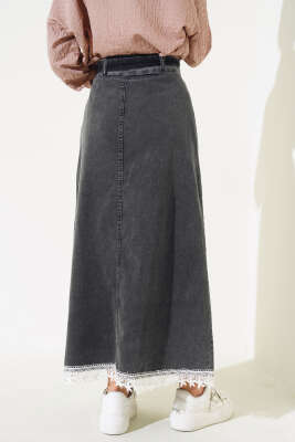 Dantel Detaylı Kot Etek Füme - Thumbnail