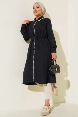 Dikiş Detaylı Bel İpli Tunik Siyah - Thumbnail