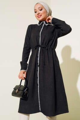 Dikiş Detaylı Bel İpli Tunik Siyah - Thumbnail