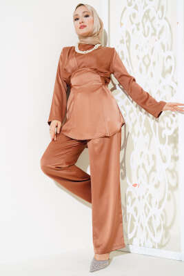 Pazarium - Önü Pile Detaylı Saten İkili Takım Taba