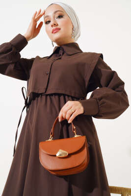 Yelekli Terikoton Elbise Kahve - Thumbnail