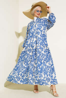 Etnik Desen Yarı Patlı Elbise İndigo - Thumbnail